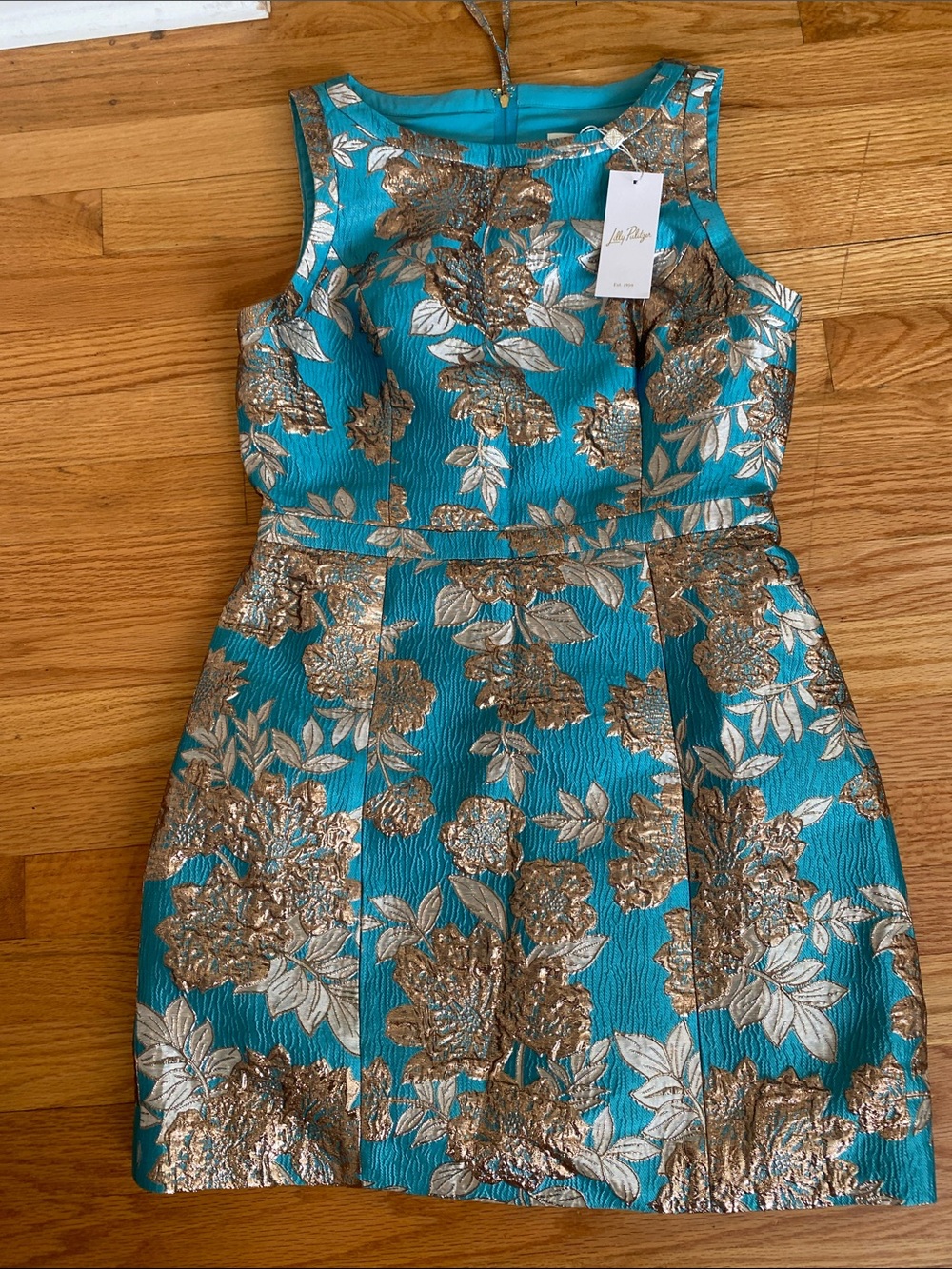 Lilly Pulitzer Teal and Gold Floral Brocade Fit-and-Flare Dress